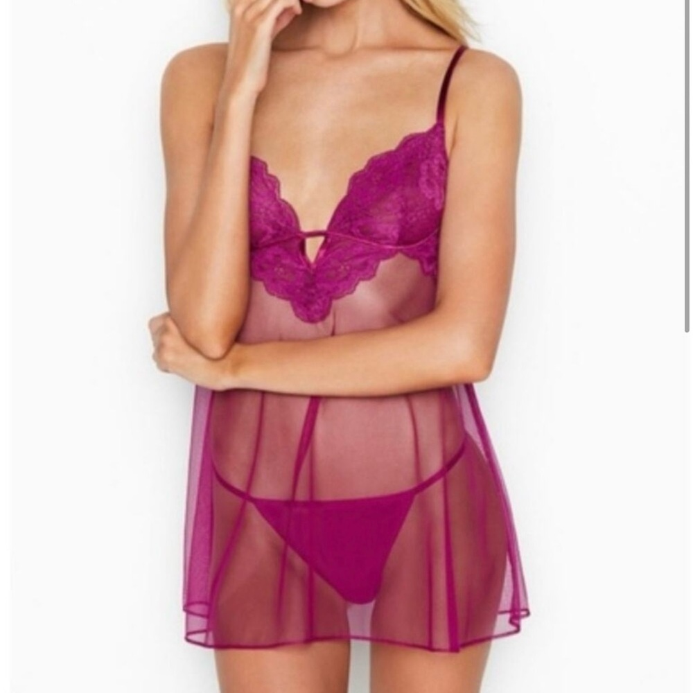 Victoria’s  Secret  Fuchsia Sheer floral lace babydoll |